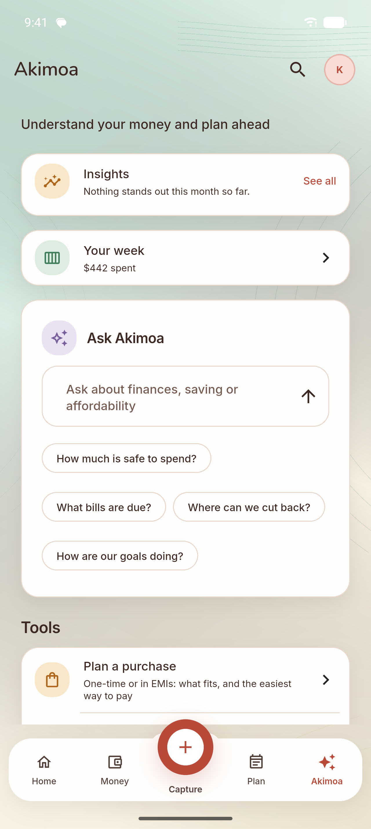 Akimoa tab: Ask Akimoa, insights and planning tools