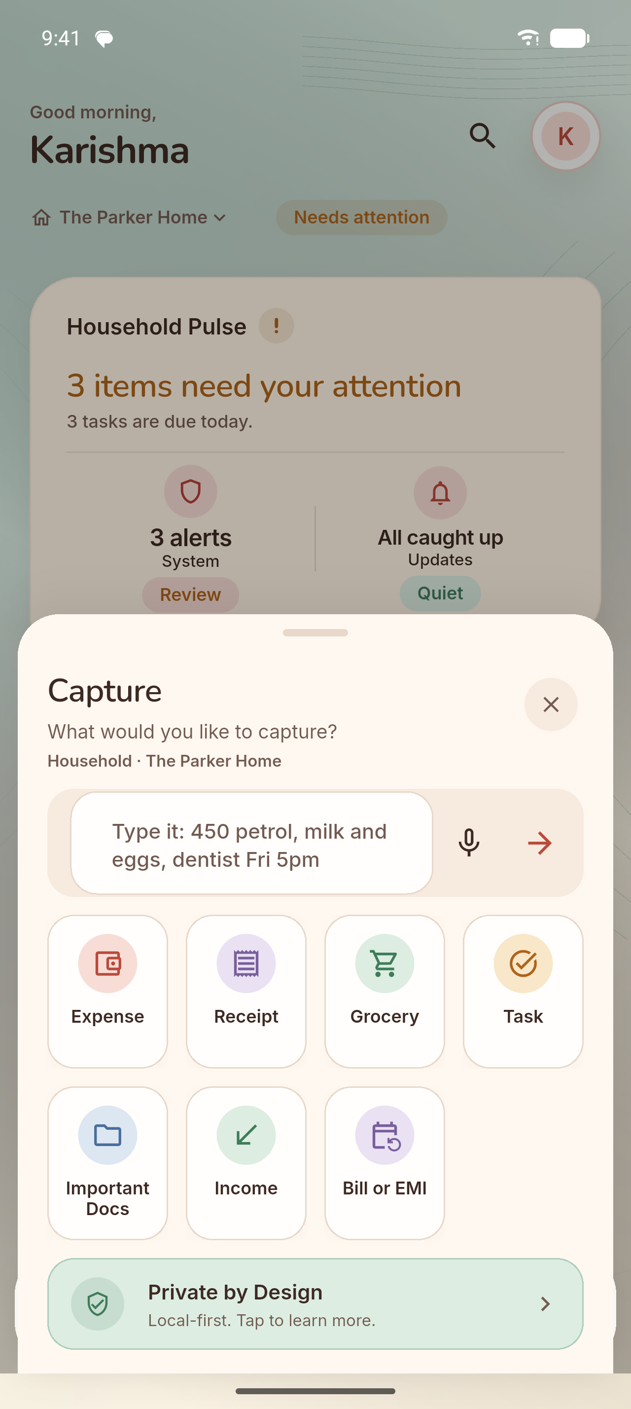 Akimoa Capture: type or say it, or pick expense, receipt, grocery, task, document, income or bill