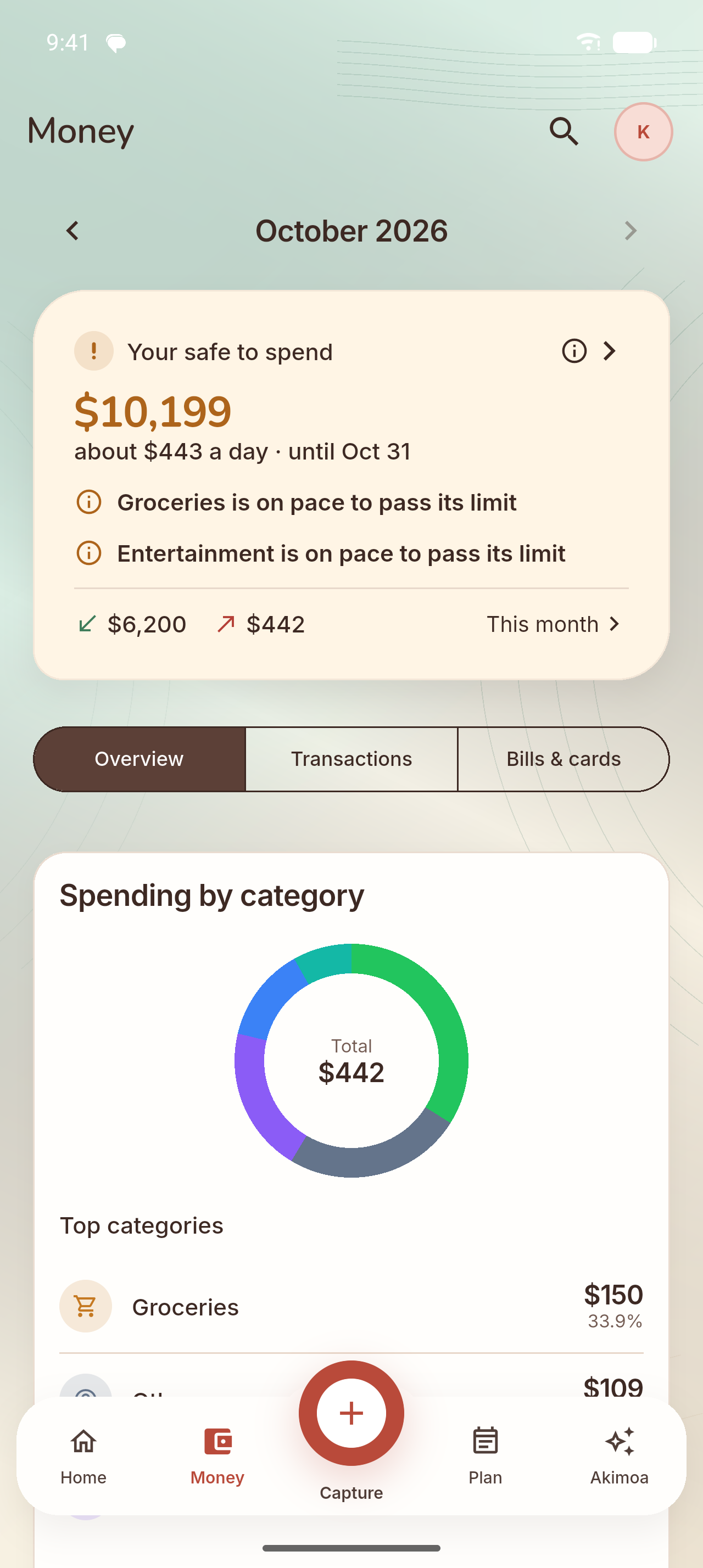 Akimoa Money: safe to spend this month and spending by category