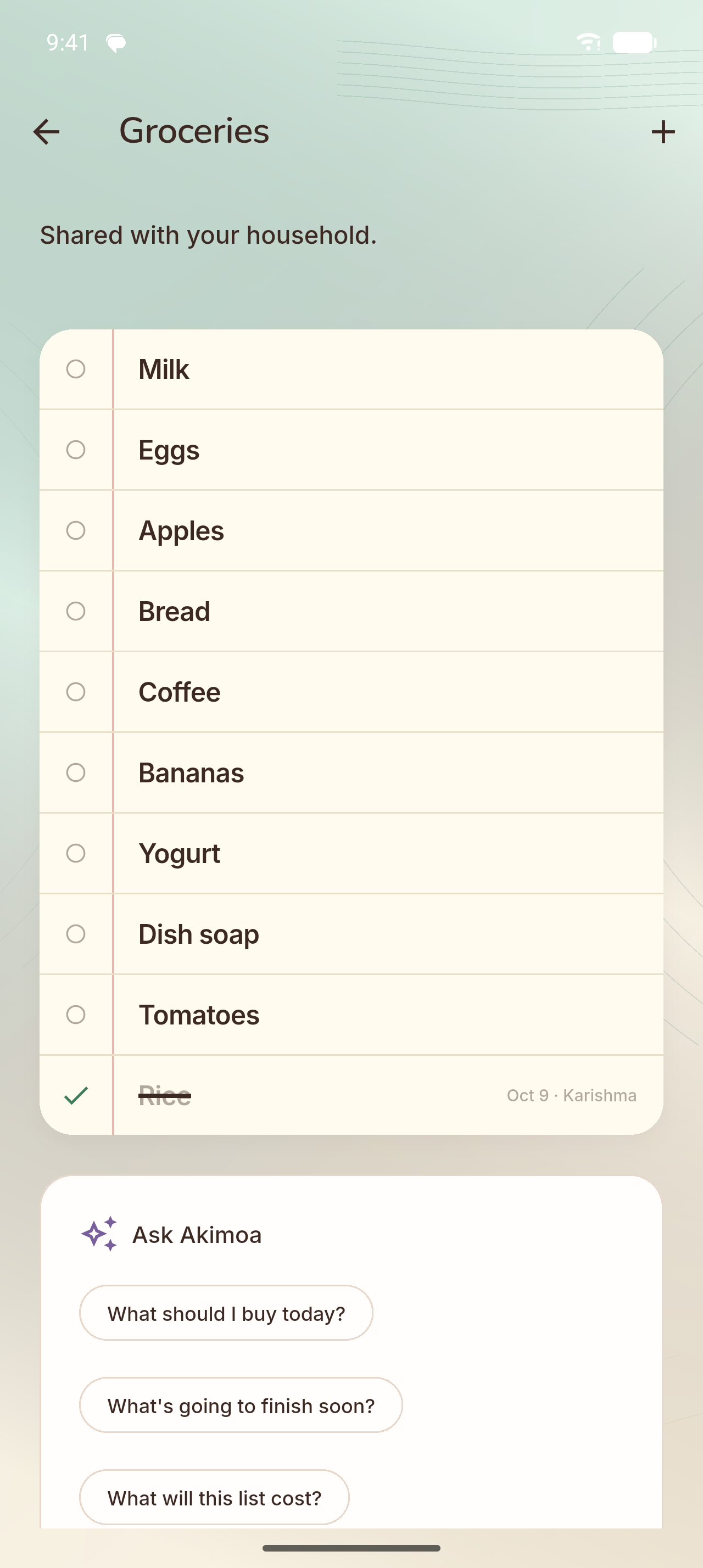 Akimoa Groceries: one shared list for the household