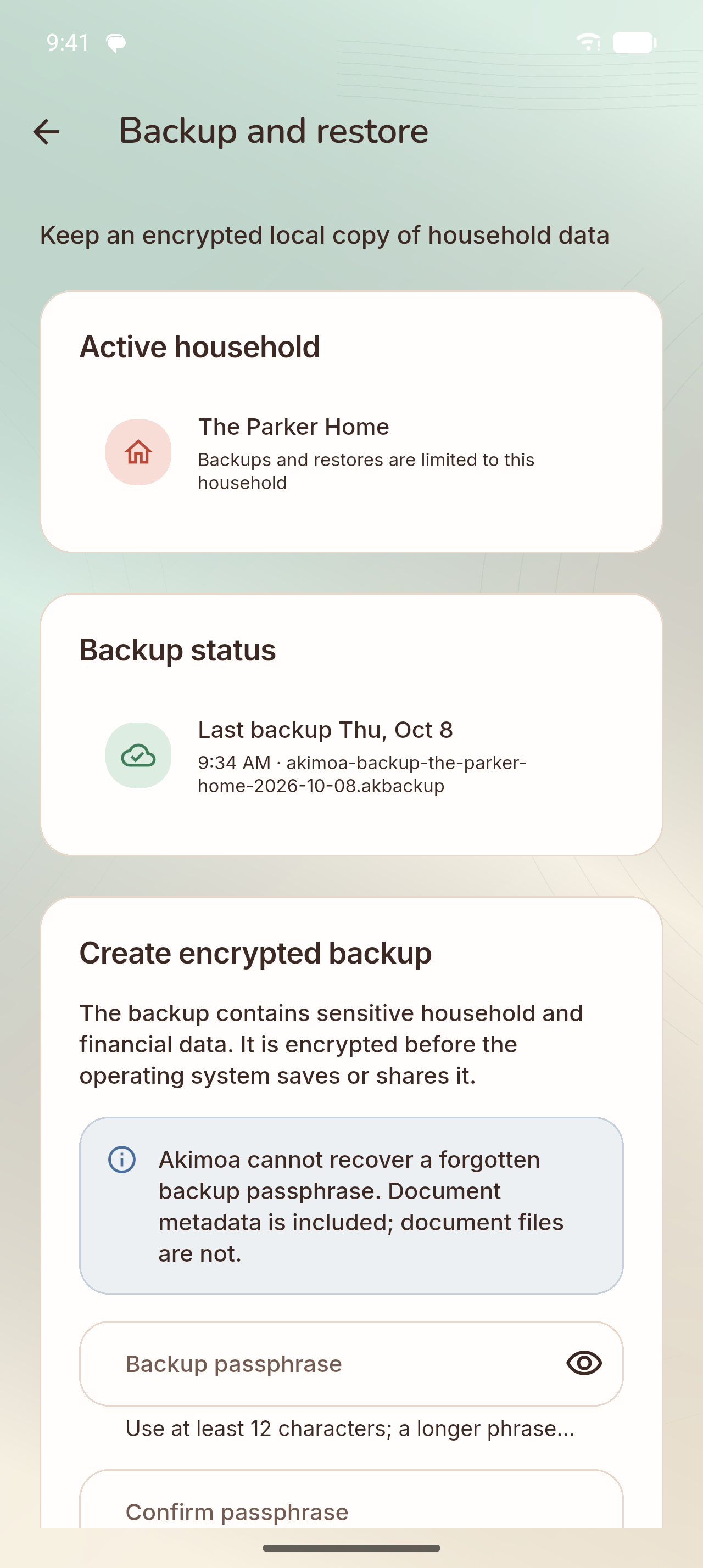 Akimoa Backup and restore: encrypted with your passphrase