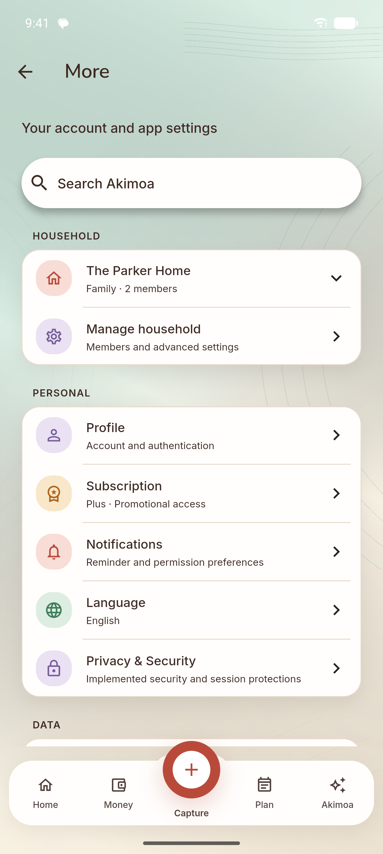 Akimoa settings: households, profile, notifications and privacy