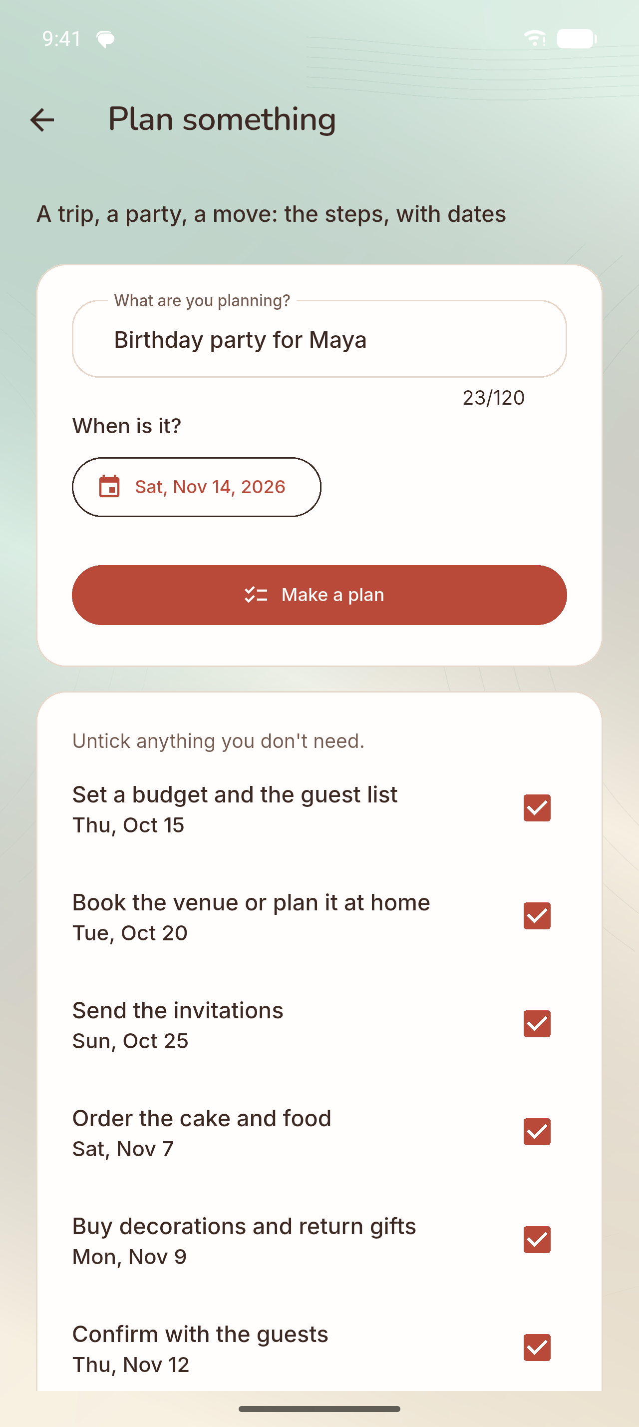 Akimoa Plan something: a birthday party turned into dated steps