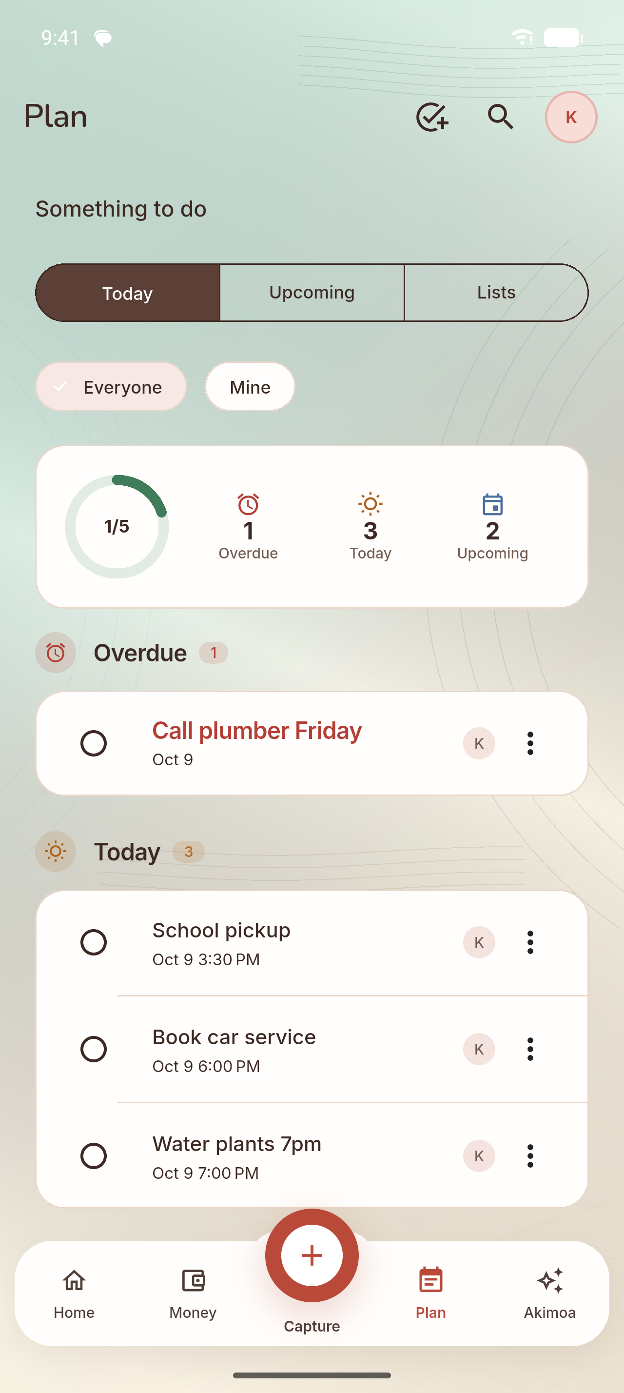Akimoa Plan: today's tasks for everyone, with times